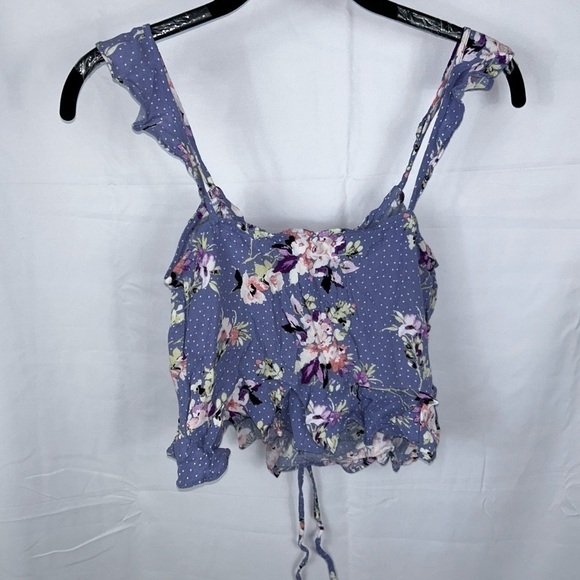 Express Tank Top Ruched Ruffle Flutter Sleeves Round Hem Dotted Floral Crop Tank - Picture 6 of 9